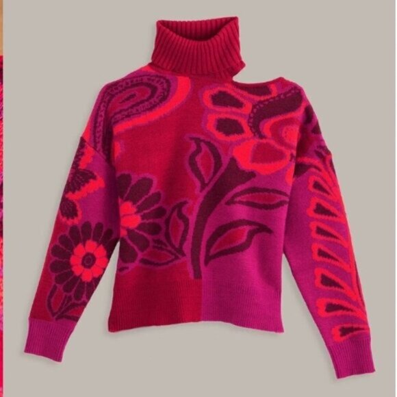 Farm Rio Vibrant Floral Cable Knit Sweater • Pink Botanical Print • Size M - Picture 8 of 8